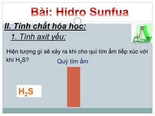 II. Tính chất hóa học:
Hiện tượng gì sẽ xảy ra khi cho quì tím ẩm tiếp xúc với
khí H2S?
1. Tính axit yếu:
H2S
Quỳ tím ẩm
 