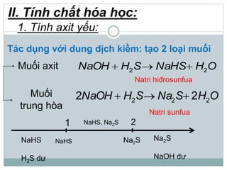 2 2NaOH H S NaHS H O  
2 2 22 2NaOH H S Na S H O  
Muối axit
Natri hiđrosunfua
Muối
trung hòa
Natri sunfua
Tác dụng với dung dịch kiềm: tạo 2 loại muối
II. Tính chất hóa học:
1. Tính axit yếu:
NaHS Na2S
NaHS, Na2S1 2
NaHS
H2S dư
Na2S
NaOH dư
 