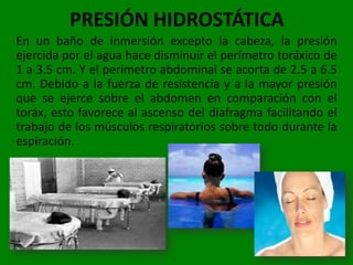 PRESIÓN HIDROSTÁTICA
En un baño de inmersión excepto la cabeza, la presión
ejercida por el agua hace disminuir el perímetro toráxico de
1 a 3.5 cm. Y el perímetro abdominal se acorta de 2.5 a 6.5
cm. Debido a la fuerza de resistencia y a la mayor presión
que se ejerce sobre el abdomen en comparación con el
toráx, esto favorece al ascenso del diafragma facilitando el
trabajo de los músculos respiratorios sobre todo durante la
espiración.
 