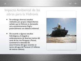 Impacto Ambiental de las
 obras para la Hidrovía
 •   Sin embargo, diversos estudios
     realizados por grupos independientes
     señalan que la Hidrovía es demasiado
     cara, económicamente frágil y
     potencialmente una debacle ambiental.

 •   De acuerdo a algunos estudios
     hidrológicos, el dragado y
     enderezamiento de diversos tramos del
     canal de los ríos Paraguay y Paraná,
     aumentaría la velocidad de
     escurrimiento del agua vaciando un
     tercio del agua del Pantanal (15 billones
     de metros cúbicos).
 