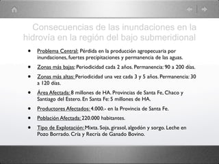 Consecuencias de las inundaciones en la
hidrovía en la región del bajo submeridional
 •   Problema Central: Pérdida en la producción agropecuaria por
     inundaciones, fuertes precipitaciones y permanencia de las aguas.
 •   Zonas más bajas: Periodicidad cada 2 años. Permanencia: 90 a 200 días.
 •   Zonas más altas: Periodicidad una vez cada 3 y 5 años. Permanencia: 30
     a 120 días.
 •   Área Afectada: 8 millones de HA. Provincias de Santa Fe, Chaco y
     Santiago del Estero. En Santa Fe: 5 millones de HA. 
 •   Productores Afectados: 4.000.- en la Provincia de Santa Fe.
 •   Población Afectada: 220.000 habitantes.
 •   Tipo de Explotación: Mixta. Soja, girasol, algodón y sorgo. Leche en
     Pozo Borrado. Cría y Recría de Ganado Bovino.
 