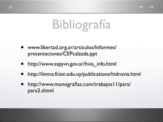 Bibliografía
•   www.libertad.org.ar/articulos/Informes/
    presentaciones/CEPcalzada.ppt

•   http://www.sspyvn.gov.ar/hvia_info.html

•   http://limno.fcien.edu.uy/publications/hidrovia.html

•   http://www.monograﬁas.com/trabajos11/para/
    para2.shtml
 