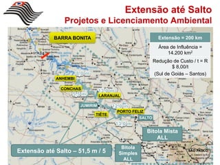 Extensão até Salto
                 Projetos e Licenciamento Ambiental
             BARRA BONITA                                    Extensão = 200 km
                                                             Área de Influência =
                                                                 14.200 km2
                                                           Redução de Custo / t = R
                                                                   $ 8,00/t
                                                           (Sul de Goiás – Santos)
              ANHEMBI

                CONCHAS
                                  LARANJAL

                        JUMIRIM
                                        PORTO FELIZ
                              TIÊTE
                                                   SALTO


                                                      Bitola Mista
                                                          ALL
                                          Bitola
Extensão até Jumirim – 26,5 m 5 3
 Extensão até Salto – 51,5 m / /         Simples
                                           ALL
 