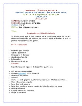 UNIVERSIDAD TÉCNICA DE MACHALA
UNIDAD ACADÉMICA DE CIENCIAS QUÍMICAS Y DE LA SALUD
ESCUELA DE BIOQUÍMICA Y FARMACIA
TOXICO...