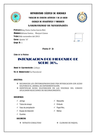 UNIVERSIDAD TÉCNICA DE MACHALA
FACULTAD DE CIENCIAS QUÍMICAS Y DE LA SALUD

ESCUELA DE BIOQUÍMICA Y FARMACIA
LABORATORIO DE TOXICOLOGÍA
Profesor:Bioq. Farm. Carlos García MsC.
Alumnas:Adriana Santos, Maryuri Llanos
Fecha:28de noviembre del 2013
Curso: Quinto “A”

10

Grupo #: 1
Practica N° 20
Título de la Práctica:

INTOXICACION POR HIDROXIDO DE
SODIO 30%.
Animal de Experimentación: Cobayo
Vía de Administración:Vía Parenteral

OBJETIVOS:

 RECONOCER LOS SÍNTOMASPRODUCIDOS POR INTOXICACION CON ACIDO
SULFURICO EL ANIMAL DE EXPERIMENTACIÓN.
 IDENTIFICAR ÀCIDO SULFURICOEN EN LAS VISCERAS DEL COBAYO
APLICANDO REACCIONES DE RECONOCIMIENTO.
MATERIALES

 Jeringa

 Mascarilla

 Tubos de ensayo

 Embudo

 Vaso de precipitación

 Papel filtro,

 Equipo de disección

 Matraz

 Guantes
SUSTANCIAS

 NITRATO COBALTOSO

 CLORURO DE NIQUEL

 