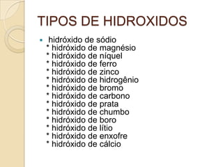 TIPOS DE HIDROXIDOS
    hidróxido de sódio
    * hidróxido de magnésio
    * hidróxido de níquel
    * hidróxido de ferro
    * hidróxido de zinco
    * hidróxido de hidrogênio
    * hidróxido de bromo
    * hidróxido de carbono
    * hidróxido de prata
    * hidróxido de chumbo
    * hidróxido de boro
    * hidróxido de lítio
    * hidróxido de enxofre
    * hidróxido de cálcio
 
