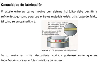 Capacidade de lubricación O axuste entre as partes móbiles dun sistema hidráulico debe permitir o suficiente xogo como para que entre os materiais exista unha capa de fluído, tal como se amosa na figura. Se o aceite ten unha viscosidade axeitada poderase evitar que as imperfeccións das superficies metálicas contacten. 