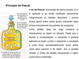 Principio de Pascal A  lei de Pascal , enunciada de forma sinxela, di:  a P aplicada a un fluído confinado transmítese integramente en tódalas direccións i exerce forzas iguais sobre áreas iguais, actuando estas forzas normalmente ás paredes do recipiente . Unha botella chea de auga rompera si introducimos un tapón na cámara. Posto que o líquido é incompresible, e transmite a presión aplicada ao tapón a todo o recipiente, o resultado é unha forza considerablemente maior sobre unha área superior á do tapón. Así, é posible romper o fondo da botella empuxando o tapón cunha forza moderada. 