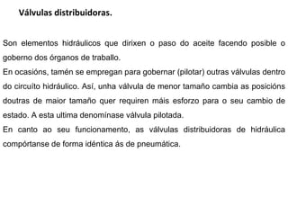 Válvulas distribuidoras. Son elementos hidráulicos que dirixen o paso do aceite facendo posible o goberno dos órganos de traballo.  En ocasións, tamén se empregan para gobernar (pilotar) outras válvulas dentro do circuíto hidráulico. Así, unha válvula de menor tamaño cambia as posicións doutras de maior tamaño quer requiren máis esforzo para o seu cambio de estado. A esta ultima denomínase válvula pilotada. En canto ao seu funcionamento, as válvulas distribuidoras de hidráulica compórtanse de forma idéntica ás de pneumática. 