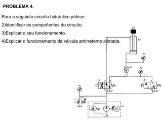 PROBLEMA 4.  Para o seguinte circuíto hidráulico pídese: Identificar os compoñentes do circuíto. Explicar o seu funcionamento. Explicar o funcionamento da válvula antirretorno pilotada. 