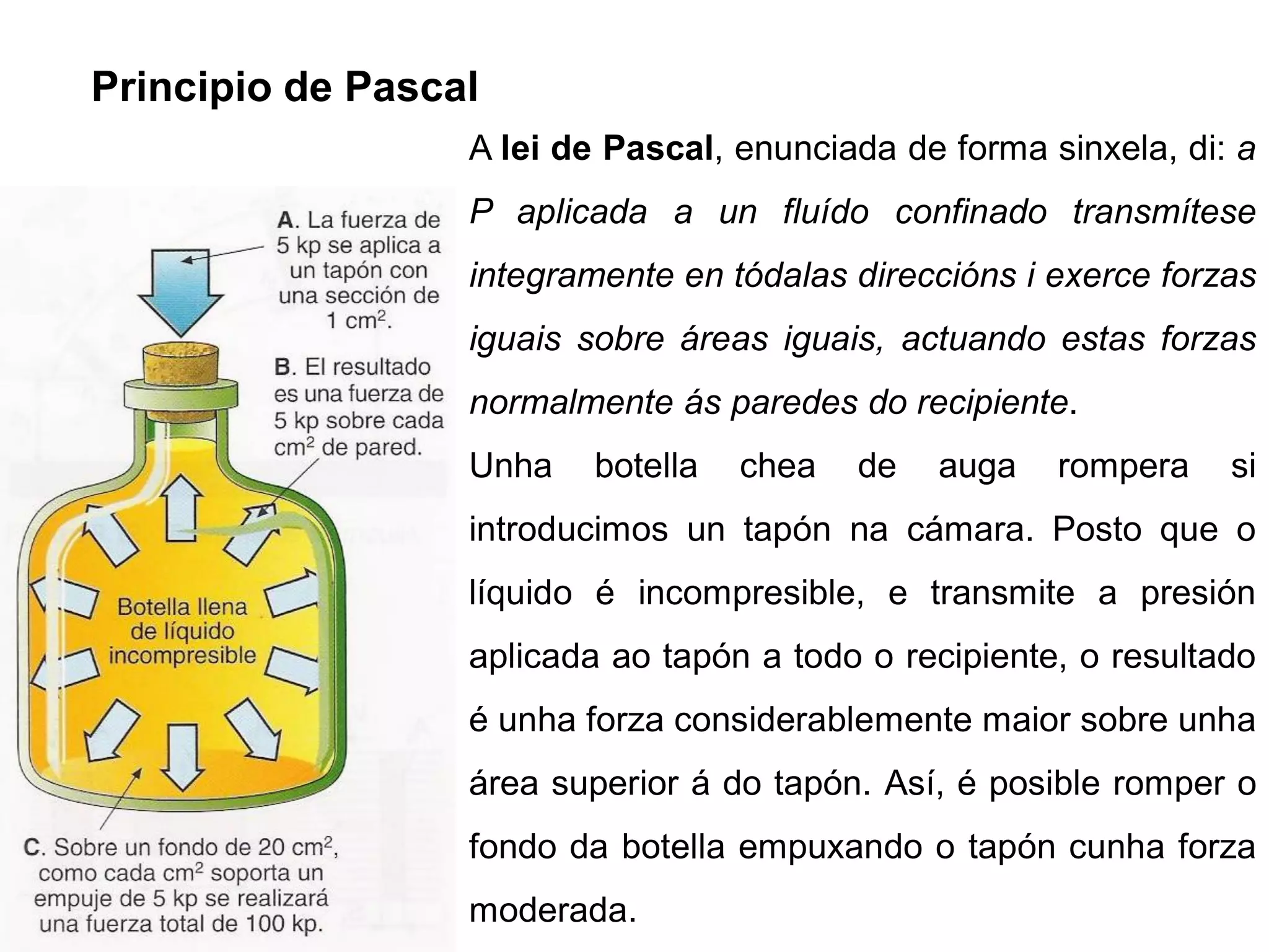 Principio de Pascal
                  A lei de Pascal, enunciada de forma sinxela, di: a
                  P aplicada a un fluído confinado transmítese
                  integramente en tódalas direccións i exerce forzas
                  iguais sobre áreas iguais, actuando estas forzas
                  normalmente ás paredes do recipiente.
                  Unha   botella   chea   de   auga    rompera    si
                  introducimos un tapón na cámara. Posto que o
                  líquido é incompresible, e transmite a presión
                  aplicada ao tapón a todo o recipiente, o resultado
                  é unha forza considerablemente maior sobre unha
                  área superior á do tapón. Así, é posible romper o
                  fondo da botella empuxando o tapón cunha forza
                  moderada.
 