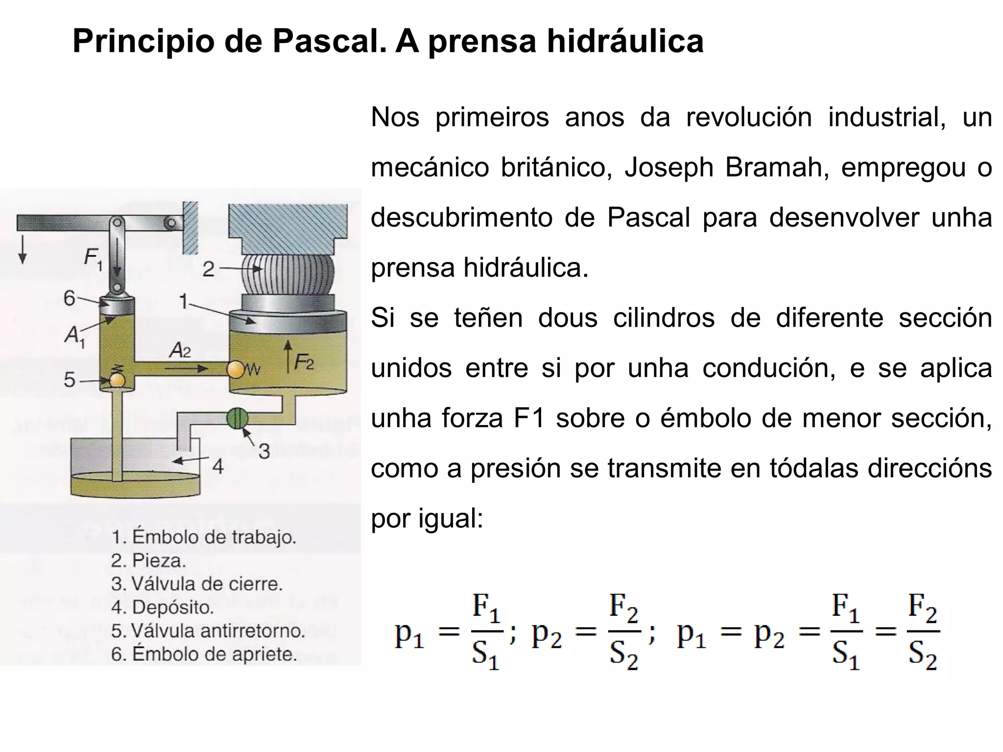 Principio de Pascal. A prensa hidráulica

                  Nos primeiros anos da revolución industrial, un
                  mecánico británico, Joseph Bramah, empregou o
                  descubrimento de Pascal para desenvolver unha
                  prensa hidráulica.
                  Si se teñen dous cilindros de diferente sección
                  unidos entre si por unha condución, e se aplica
                  unha forza F1 sobre o émbolo de menor sección,
                  como a presión se transmite en tódalas direccións
                  por igual:
 