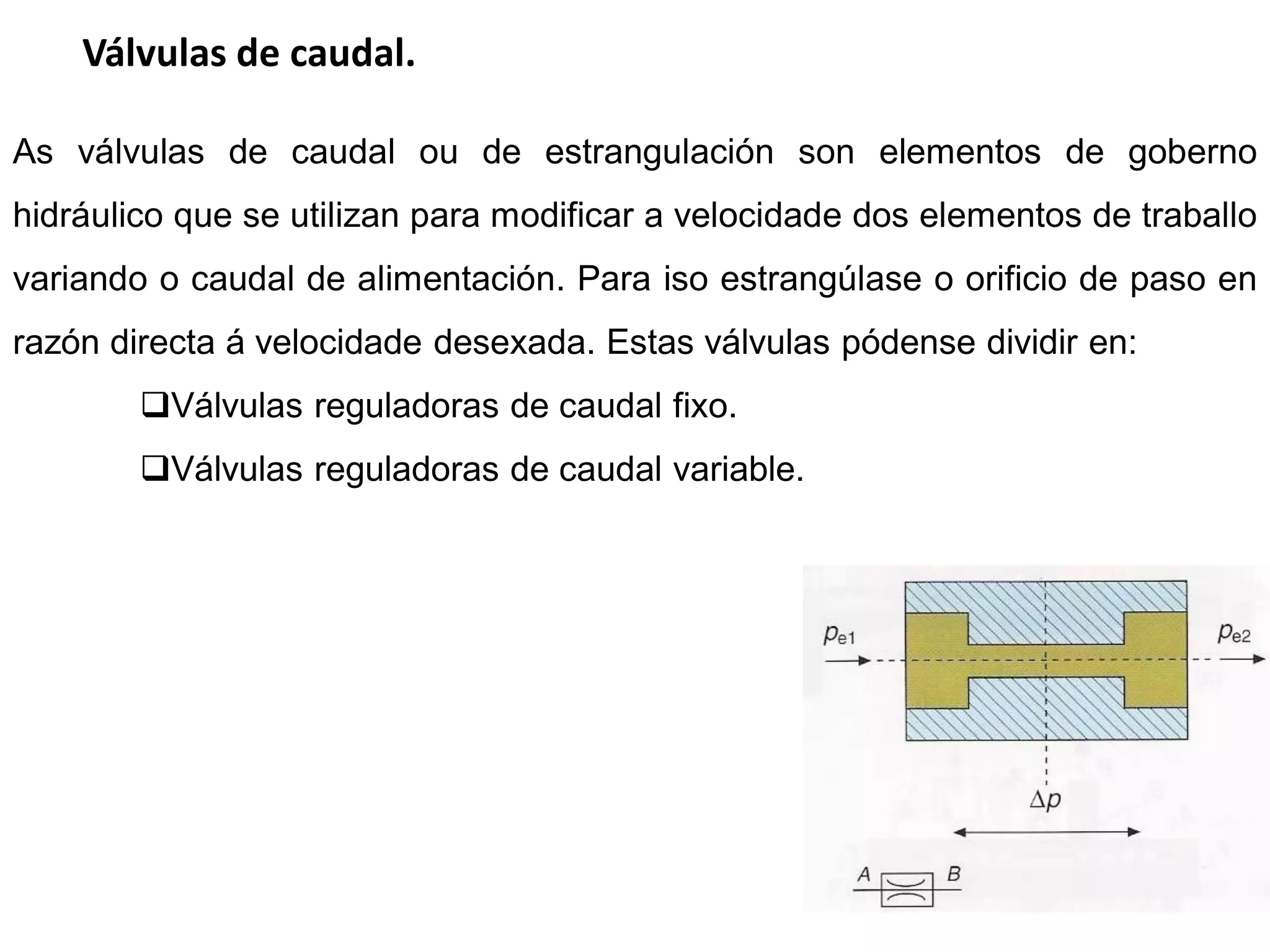Válvulas de caudal.

As válvulas de caudal ou de estrangulación son elementos de goberno
hidráulico que se utilizan para modificar a velocidade dos elementos de traballo
variando o caudal de alimentación. Para iso estrangúlase o orificio de paso en
razón directa á velocidade desexada. Estas válvulas pódense dividir en:
        Válvulas reguladoras de caudal fixo.
        Válvulas reguladoras de caudal variable.
 