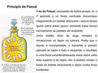 Principio de Pascal
                  A lei de Pascal, enunciada de forma sinxela, di: a
                  P aplicada a un fluído confinado transmítese
                  integramente en tódalas direccións i exerce forzas
                  iguais sobre áreas iguais, actuando estas forzas
                  normalmente ás paredes do recipiente.
                  Unha   botella   chea   de   auga    rompera    si
                  introducimos un tapón na cámara. Posto que o
                  líquido é incompresible, e transmite a presión
                  aplicada ao tapón a todo o recipiente, o resultado
                  é unha forza considerablemente maior sobre unha
                  área superior á do tapón. Así, é posible romper o
                  fondo da botella empuxando o tapón cunha forza
                  moderada.
 