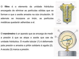 O filtro é o elemento da unidade hidráulica
encargado de eliminar as partículas sólidas que se
forman e que o aceite arrastra na súa circulación. Si
ademais    se   incorpora   un   imán,   as   partículas
metálicas quedarán adheridas a el.




O manómetro é un aparato que se encarga de medir
a presión á que se atopa o aceite que sae da
unidade hidráulica. O muelle tubular (1) é deformado
pola presión e arrastra o piñón solidario á agulla (2).
A escala (3) marca a presión.
 