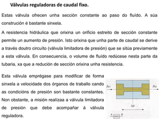 Válvulas reguladoras de caudal fixo.
Estas válvula ofrecen unha sección constante ao paso do fluído. A súa
construción é bastante sinxela.

A resistencia hidráulica que orixina un orificio estreito de sección constante
permite un aumento de presión. Isto orixina que unha parte de caudal se derive
a través doutro circuíto (válvula limitadora de presión) que se sitúa previamente
a esta válvula. En consecuencia, o volume de fluído redúcese nesta parte da
tubaria, xa que a redución de sección orixina unha resistencia.

Esta válvula emprégase para modificar de forma
sinxela a velocidade dos órganos de traballo cando
as condicións de presión son bastante constantes.
Non obstante, a misión realízaa a válvula limitadora
de   presión   que   debe   acompañar     á   válvula
reguladora.
 
