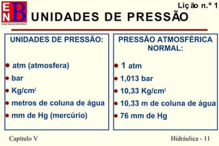 Capítulo V Hidráulica - 11
Liç ão n.º 1
UNIDADES DE PRESSÃO
UNIDADES DE PRESSÃO:
• atm (atmosfera)
• bar
• Kg/cm2
• metros de coluna de água
• mm de Hg (mercúrio)
PRESSÃO ATMOSFÉRICA
NORMAL:
• 1 atm
• 1,013 bar
• 10,33 Kg/cm2
• 10,33 m de coluna de água
• 76 mm de Hg
 