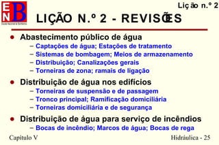Capítulo V Hidráulica - 25
• Abastecimento público de água
– Captações de água; Estações de tratamento
– Sistemas de bombagem; Meios de armazenamento
– Distribuição; Canalizações gerais
– Torneiras de zona; ramais de ligação
• Distribuição de água nos edifícios
– Torneiras de suspensão e de passagem
– Tronco principal; Ramificação domiciliária
– Torneiras domiciliária e de segurança
• Distribuição de água para serviço de incêndios
– Bocas de incêndio; Marcos de água; Bocas de rega
Liç ão n.º 2
LIÇÃO N.º 2 - REVISÕES
 