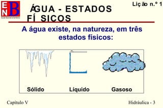 Capítulo V Hidráulica - 3
A água existe, na natureza, em três
estados físicos:
Liç ão n.º 1
ÁGUA - ESTADOS
FÍ SICOS
Sólido Líquido Gasoso
 