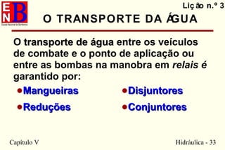 Capítulo V Hidráulica - 33
O TRANSPORTE DA ÁGUA
O transporte de águatransporte de água entre os veículos
de combate e o ponto de aplicação ou
entre as bombas na manobra em relais é
garantido por:
Liç ão n.º 3
•MangueirasMangueiras
•ReduçõesReduções
•DisjuntoresDisjuntores
•ConjuntoresConjuntores
 