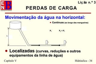 Capítulo V Hidráulica - 34
PERDAS DE CARGA
Movimentação da água na horizontal:
Liç ão n.º 3
h
P0
• ContínuasContínuas (ao longo das mangueiras)(ao longo das mangueiras)
PP11 PP22 < P< P11
• LocalizadasLocalizadas (curvas, reduções e outros(curvas, reduções e outros
equipamentos da linha de água)equipamentos da linha de água)
 