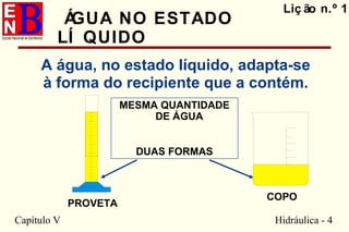 Capítulo V Hidráulica - 4
Liç ão n.º 1
ÁGUA NO ESTADO
LÍ QUIDO
A água, no estado líquido, adapta-se
à forma do recipiente que a contém.
PROVETA
COPO
MESMA QUANTIDADE
DE ÁGUA
DUAS FORMAS
 