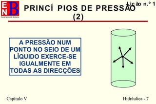 Capítulo V Hidráulica - 7
Liç ão n.º 1
PRINCÍ PIOS DE PRESSÃO
(2)
A PRESSÃO NUM
PONTO NO SEIO DE UM
LÍQUIDO EXERCE-SE
IGUALMENTE EM
TODAS AS DIRECÇÕES
 