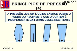 Capítulo V Hidráulica - 9
Liç ão n.º 1
PRINCÍ PIOS DE PRESSÃO
(4)
A PRESSÃOPRESSÃO QUE UM LÍQUIDO EXERCE SOBRE O
FUNDO DO RECIPIENTE QUE O CONTÉM É
INDEPENDENTE DA FORMAINDEPENDENTE DA FORMA DESSE RECIPIENTE
 