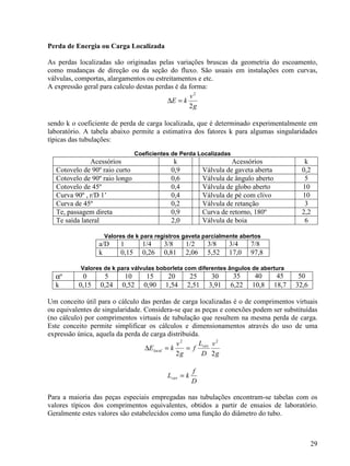 29
Perda de Energia ou Carga Localizada
As perdas localizadas são originadas pelas variações bruscas da geometria do escoamento,
como mudanças de direção ou da seção do fluxo. São usuais em instalações com curvas,
válvulas, comportas, alargamentos ou estreitamentos e etc.
A expressão geral para calculo destas perdas é da forma:
g
v
kE
2
2
=∆
sendo k o coeficiente de perda de carga localizada, que é determinado experimentalmente em
laboratório. A tabela abaixo permite a estimativa dos fatores k para algumas singularidades
típicas das tubulações:
Coeficientes de Perda Localizadas
Acessórios k Acessórios k
Cotovelo de 90º raio curto 0,9 Válvula de gaveta aberta 0,2
Cotovelo de 90º raio longo 0,6 Válvula de ângulo aberto 5
Cotovelo de 45º 0,4 Válvula de globo aberto 10
Curva 90º , r/D 1’ 0,4 Válvula de pé com clivo 10
Curva de 45º 0,2 Válvula de retanção 3
Te, passagem direta 0,9 Curva de retorno, 180º 2,2
Te saída lateral 2,0 Válvula de boia 6
Valores de k para registros gaveta parcialmente abertos
a/D 1 1/4 3/8 1/2 3/8 3/4 7/8
k 0,15 0,26 0,81 2,06 5,52 17,0 97,8
Valores de k para válvulas boborleta com diferentes ângulos de abertura
αº 0 5 10 15 20 25 30 35 40 45 50
k 0,15 0,24 0,52 0,90 1,54 2,51 3,91 6,22 10,8 18,7 32,6
Um conceito útil para o cálculo das perdas de carga localizadas é o de comprimentos virtuais
ou equivalentes de singularidade. Considera-se que as peças e conexões podem ser substituídas
(no cálculo) por comprimentos virtuais de tubulação que resultem na mesma perda de carga.
Este conceito permite simplificar os cálculos e dimensionamentos através do uso de uma
expressão única, aquela da perda de carga distribuída.
g
v
D
L
f
g
v
kE virt
local
22
22
==∆
D
f
kLvirt =
Para a maioria das peças especiais empregadas nas tubulações encontram-se tabelas com os
valores típicos dos comprimentos equivalentes, obtidos a partir de ensaios de laboratório.
Geralmente estes valores são estabelecidos como uma função do diâmetro do tubo.
 