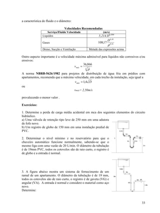 33
a característica do fluido e o diâmetro:
Velocidades Recomendadas
Serviço/Fluido Velocidade (m/s)
Líquidos 5,214.D0,304
Gases 16,0
45,0
17,108
ρ
D
Dreno, Sucção e Ventilação Metade das expressões acima
Outro aspecto importante é a velocidade máxima admissível para líquidos não corrosivos e/ou
erosivos:
3
866,36
ρ
=máxv
A norma NBRB-5626/1982 para projetos de distribuição de água fria em prédios com
apartamentos, recomenda que a máxima velocidade, em cada trecho da instalação, seja igual a
Dvmáx 4,1=
ou
vmáx= 2,50m/s
prevalecendo o menor valor .
Exercícios:
1. Determine a perda de carga média acidental em mca dos seguintes elementos do circuito
hidráulico.
a) Uma válvula de retenção tipo leve de 250 mm em uma adutora
de fofo novo.
b) Um registro de globo de 150 mm em uma instalação predial de
PVC.
2. Determinar o nível mínimo z no reservatório para que o
chuveiro automático funcione normalmente, sabendo-se que o
mesmo liga com uma vazão de 20 L/min. O diâmetro da tubulação
é de 19mm PVC, todos os cotovelos são de raio curto, o registro é
de globo e a entrada é normal.
3. A figura abaixo mostra um sistema de fornecimento de um
ramal de um apartamento. O diâmetro da tubulação é de 19 mm,
todos os cotovelos são de raio curto, o registro é de gaveta (VG) e
angular (VA). A entrada é normal e considere o material como aço
novo.
Determine:
2m
1m
0,5m
3m
3m 2,5m
Z
 