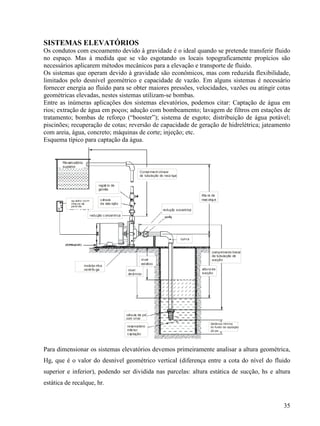 35
SISTEMAS ELEVATÓRIOS
Os condutos com escoamento devido à gravidade é o ideal quando se pretende transferir fluido
no espaço. Mas à medida que se vão esgotando os locais topograficamente propícios são
necessários aplicarem métodos mecânicos para a elevação e transporte de fluido.
Os sistemas que operam devido à gravidade são econômicos, mas com reduzida flexibilidade,
limitados pelo desnível geométrico e capacidade de vazão. Em alguns sistemas é necessário
fornecer energia ao fluido para se obter maiores pressões, velocidades, vazões ou atingir cotas
geométricas elevadas, nestes sistemas utilizam-se bombas.
Entre as inúmeras aplicações dos sistemas elevatórios, podemos citar: Captação de água em
rios; extração de água em poços; adução com bombeamento; lavagem de filtros em estações de
tratamento; bombas de reforço (“booster”); sistema de esgoto; distribuição de água potável;
piscinões; recuperação de cotas; reversão de capacidade de geração de hidrelétrica; jateamento
com areia, água, concreto; máquinas de corte; injeção; etc.
Esquema típico para captação da água.
Compriment olinaer
da tubulação de reca lque
Altu ra de
reacalque
comprimento linear
da tubulação de
sucção
altura de
sucção
curva
quadro com
chave de
parti da
regist ro de
gaveta
válvula
de rete nção
redução excentrica
redução concentrica
motobo mba
centrífu ga
nível
estático
nível
dinâmico
reservatório
inferior
captação
válvula de pé
com crivo
distância mínima
do fundo da captação
30 cm
Reservatório
superior
Para dimensionar os sistemas elevatórios devemos primeiramente analisar a altura geométrica,
Hg, que é o valor do desnível geométrico vertical (diferença entre a cota do nível do fluido
superior e inferior), podendo ser dividida nas parcelas: altura estática de sucção, hs e altura
estática de recalque, hr.
 
