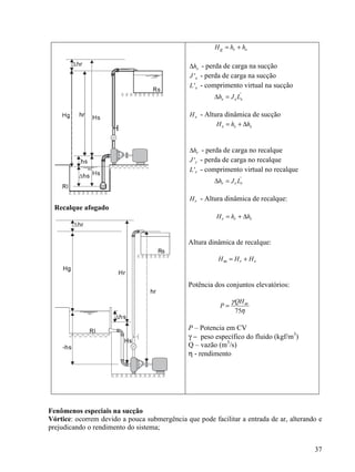 37
Recalque afogado
g r sH h h= +
sh∆ - perda de carga na sucção
'sJ - perda de carga na sucção
'sL - comprimento virtual na sucção
'
s s sh J L∆ =
sH - Altura dinâmica de sucção
s s sH h h= + ∆
rh∆ - perda de carga no recalque
'rJ - perda de carga no recalque
'rL - comprimento virtual no recalque
'
r r rh J L∆ =
rH - Altura dinâmica de recalque:
r r rH h h= + ∆
Altura dinâmica de recalque:
m r sH H H= +
Potência dos conjuntos elevatórios:
75
mQH
P
γ
η
=
P – Potencia em CV
γ − peso específico do fluido (kgf/m3
)
Q – vazão (m3
/s)
η - rendimento
Fenômenos especiais na sucção
Vórtice: ocorrem devido a pouca submergência que pode facilitar a entrada de ar, alterando e
prejudicando o rendimento do sistema;
 