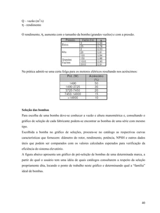40
Q – vazão (m3
/s)
η - rendimento
O rendimento, η, aumenta com o tamanho da bomba (grandes vazões) e com a pressão.
Na prática admiti-se uma certa folga para os motores elétricos resultando nos acréscimos:
Seleção das bombas
Para escolha de uma bomba deve-se conhecer a vazão e altura manométrica e, consultando o
gráfico de seleção de cada fabricante podem-se encontrar as bombas de uma série com mesmo
tipo.
Escolhida a bomba no gráfico de seleções, procura-se no catálogo as respectivas curvas
características que fornecem: diâmetro do rotor, rendimento, potência, NPSH e outros dados
úteis que podem ser comparados com os valores calculados esperados para verificação da
eficiência do sistema elevatório.
A figura abaixo apresenta um gráfico de pré-seleção de bombas de uma determinada marca, a
partir do qual o usuário tem uma idéia de quais catálogos consultarem a respeito da seleção
propriamente dita, locando o ponto de trabalho neste gráfico e determinando qual a “família”
ideal de bombas.
 