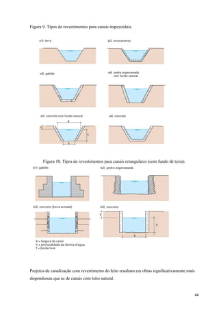 44
Figura 9. Tipos de revestimentos para canais trapezoidais.
Figura 10. Tipos de revestimentos para canais retangulares (com fundo de terra).
Projetos de canalização com revestimento do leito resultam em obras signiﬁcativamente mais
dispendiosas que as de canais com leito natural.
 