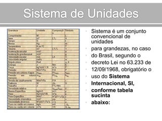 • Sistema é um conjunto
convencional de
unidades
• para grandezas, no caso
• do Brasil, segundo o
• decreto Lei no 63.233 de
• 12/09/1968, obrigatório o
• uso do Sistema
• Internacional, SI,
• conforme tabela
sucinta
• abaixo:

 