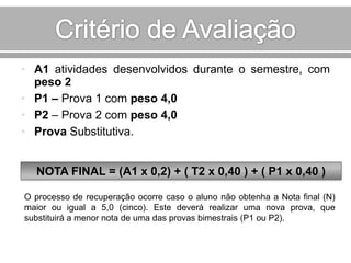 • A1 atividades desenvolvidos durante o semestre, com
peso 2
• P1 – Prova 1 com peso 4,0
• P2 – Prova 2 com peso 4,0
• Prova Substitutiva.
NOTA FINAL = (A1 x 0,2) + ( T2 x 0,40 ) + ( P1 x 0,40 )
O processo de recuperação ocorre caso o aluno não obtenha a Nota final (N)
maior ou igual a 5,0 (cinco). Este deverá realizar uma nova prova, que
substituirá a menor nota de uma das provas bimestrais (P1 ou P2).

 