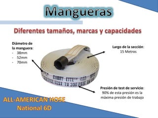 Diámetro de
la manguera:
- 38mm
- 52mm
- 70mm
Presión de test de servicio:
90% de esta presión es la
máxima presión de trabajo
Largo de la sección:
15 Metros
 