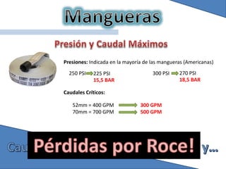 Presiones: Indicada en la mayoría de las mangueras (Americanas)
250 PSI 300 PSI225 PSI
15,5 BAR
270 PSI
18,5 BAR
Caudales Críticos:
52mm = 400 GPM 300 GPM
70mm = 700 GPM 500 GPM
 
