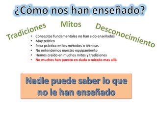 • Conceptos fundamentales no han sido enseñados
• Muy teórico
• Poca práctica en los métodos o técnicas
• No entendemos nuestro equipamiento
• Hemos creído en muchos mitos y tradiciones
• No muchos han puesto en duda o mirado mas allá
 