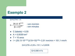 Exemplo 2
Q=0,278 C i A
 C (tabela) = 0,55
 A = 0,0039 km2
 T = 10 anos
 I = (29,13·100,181)/(10+15)0,89= 2,51 mm/min = 151,1 mm/h
i em mm/min
t em minutos
Q=0,278 x 0,55 x 151,1 x 0,0039
Q=0,090 m3/s
 