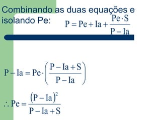 IaP
SPe
IaPeP



Combinando as duas equações e
isolando Pe:
 
SIaP
IaP
Pe
2












IaP
SIaP
PeIaP
 