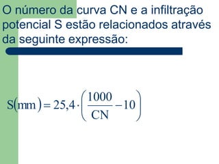   





 10
CN
1000
4,25mmS
O número da curva CN e a infiltração
potencial S estão relacionados através
da seguinte expressão:
 