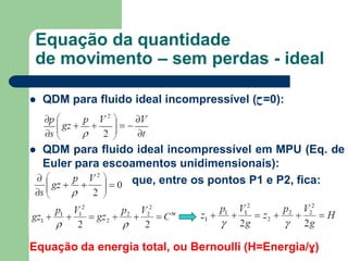  QDM para fluido ideal incompressível (‫:)0=ﺡ‬
 QDM para fluido ideal incompressível em MPU (Eq. de
Euler para escoamentos unidimensionais):
que, entre os pontos P1 e P2, fica:
Equação da energia total, ou Bernoulli (H=Energia/ɣ)
Equação da quantidade
de movimento – sem perdas - ideal
 