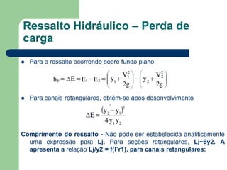  Para o ressalto ocorrendo sobre fundo plano
 Para canais retangulares, obtém-se após desenvolvimento
Comprimento do ressalto - Não pode ser estabelecida analiticamente
uma expressão para Lj. Para seções retangulares, Lj~6y2. A
apresenta a relação Lj/y2 = f(Fr1), para canais retangulares:
Ressalto Hidráulico – Perda de
carga
 