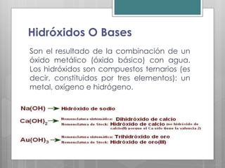 Hidróxidos O Bases
Son el resultado de la combinación de un
óxido metálico (óxido básico) con agua.
Los hidróxidos son compuestos ternarios (es
decir, constituidos por tres elementos): un
metal, oxígeno e hidrógeno.
 