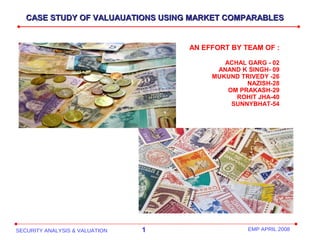 SECURITY ANALYSIS & VALUATION 1 EMP APRIL 2008
AN EFFORT BY TEAM OF :
ACHAL GARG - 02
ANAND K SINGH- 09
MUKUND TRIVEDY -26
NAZISH-28
OM PRAKASH-29
ROHIT JHA-40
SUNNYBHAT-54
CASE STUDY OF VALUAUATIONS USING MARKET COMPARABLESCASE STUDY OF VALUAUATIONS USING MARKET COMPARABLES
 