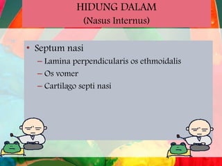 HIDUNG DALAM
(Nasus Internus)
• Septum nasi
– Lamina perpendicularis os ethmoidalis
– Os vomer
– Cartilago septi nasi

 