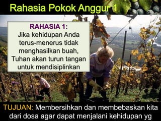 RAHASIA 1:
Jika kehidupan Anda
terus-menerus tidak
menghasilkan buah,
Tuhan akan turun tangan
untuk mendisiplinkan
Anda.
TUJUAN: Membersihkan dan membebaskan kita
dari dosa agar dapat menjalani kehidupan yg
 