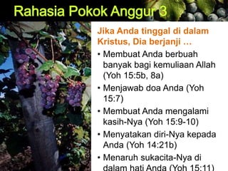 Jika Anda tinggal di dalam
Kristus, Dia berjanji …
• Membuat Anda berbuah
banyak bagi kemuliaan Allah
(Yoh 15:5b, 8a)
• Menjawab doa Anda (Yoh
15:7)
• Membuat Anda mengalami
kasih-Nya (Yoh 15:9-10)
• Menyatakan diri-Nya kepada
Anda (Yoh 14:21b)
• Menaruh sukacita-Nya di
 