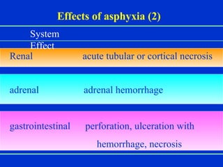 Effects of asphyxia (2) System  Effect necrosis Renal  acute tubular or cortical necrosis adrenal  adrenal hemorrhage gastrointestinal  perforation, ulceration with  hemorrhage, necrosis 